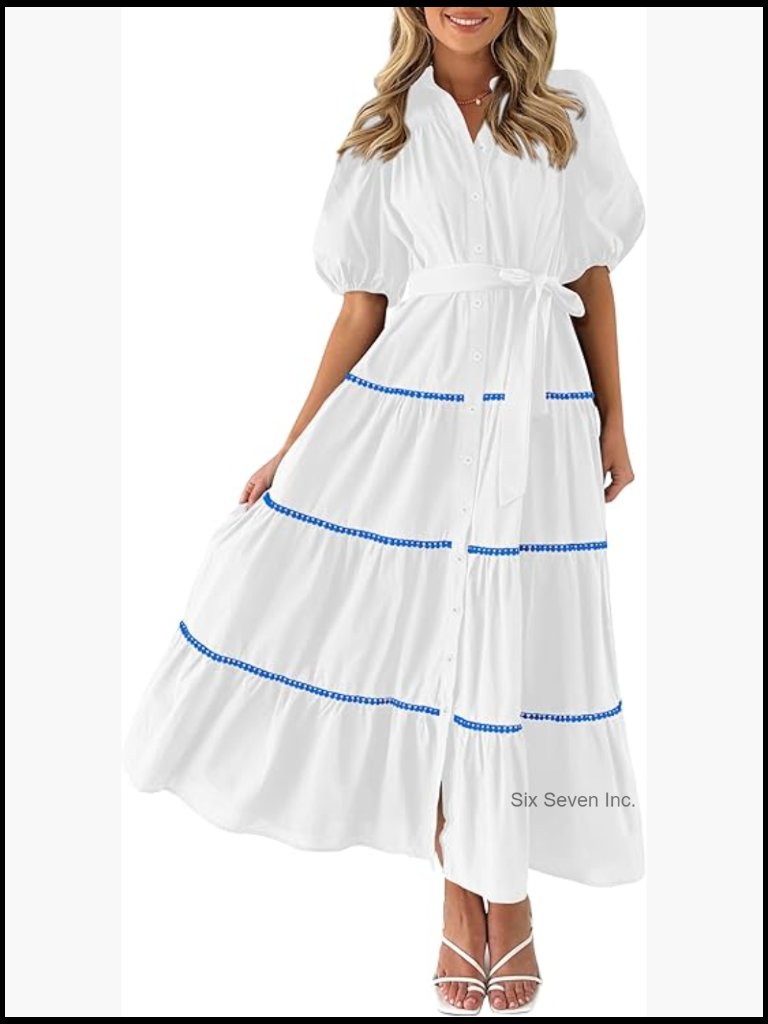 Summer Button Down Shirt Dress With Puffy Sleeves And Tiered Ruffle
